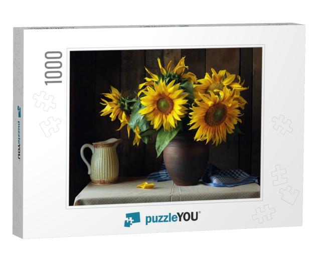 Bouquet of Sunflowers in a Clay Jug on the Table on the W... Jigsaw Puzzle with 1000 pieces