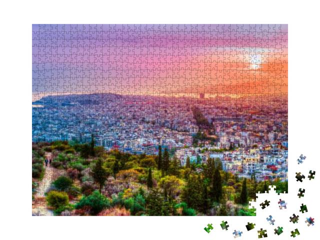 Panorama of Athens At Sunset. Beautiful Cityscape with Se... Jigsaw Puzzle with 1000 pieces