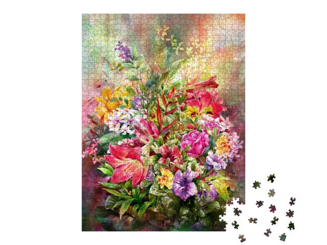 Bouquet of Multicolored Flowers Watercolor Painting Style... Jigsaw Puzzle with 1000 pieces