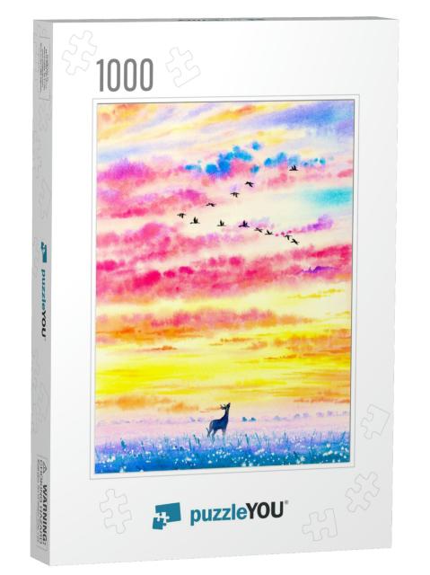 Watercolor Painting - Deer in Wild Field with Twilight... Jigsaw Puzzle with 1000 pieces