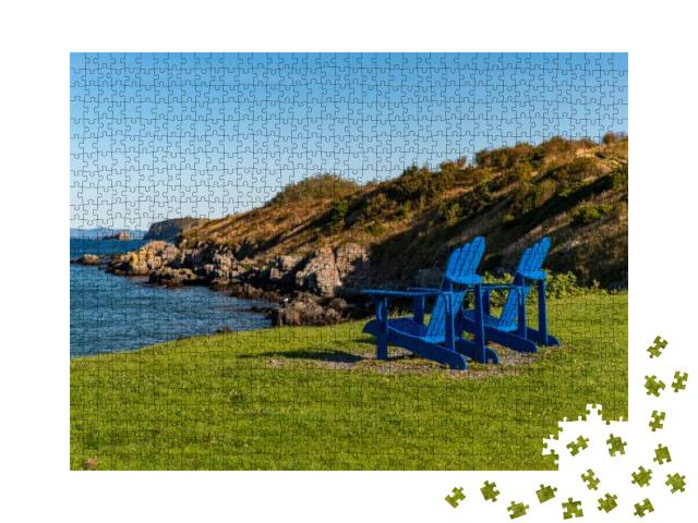 Two Royal Blue Wooden Adirondack Chairs on Rich Green Gra... Jigsaw Puzzle with 1000 pieces