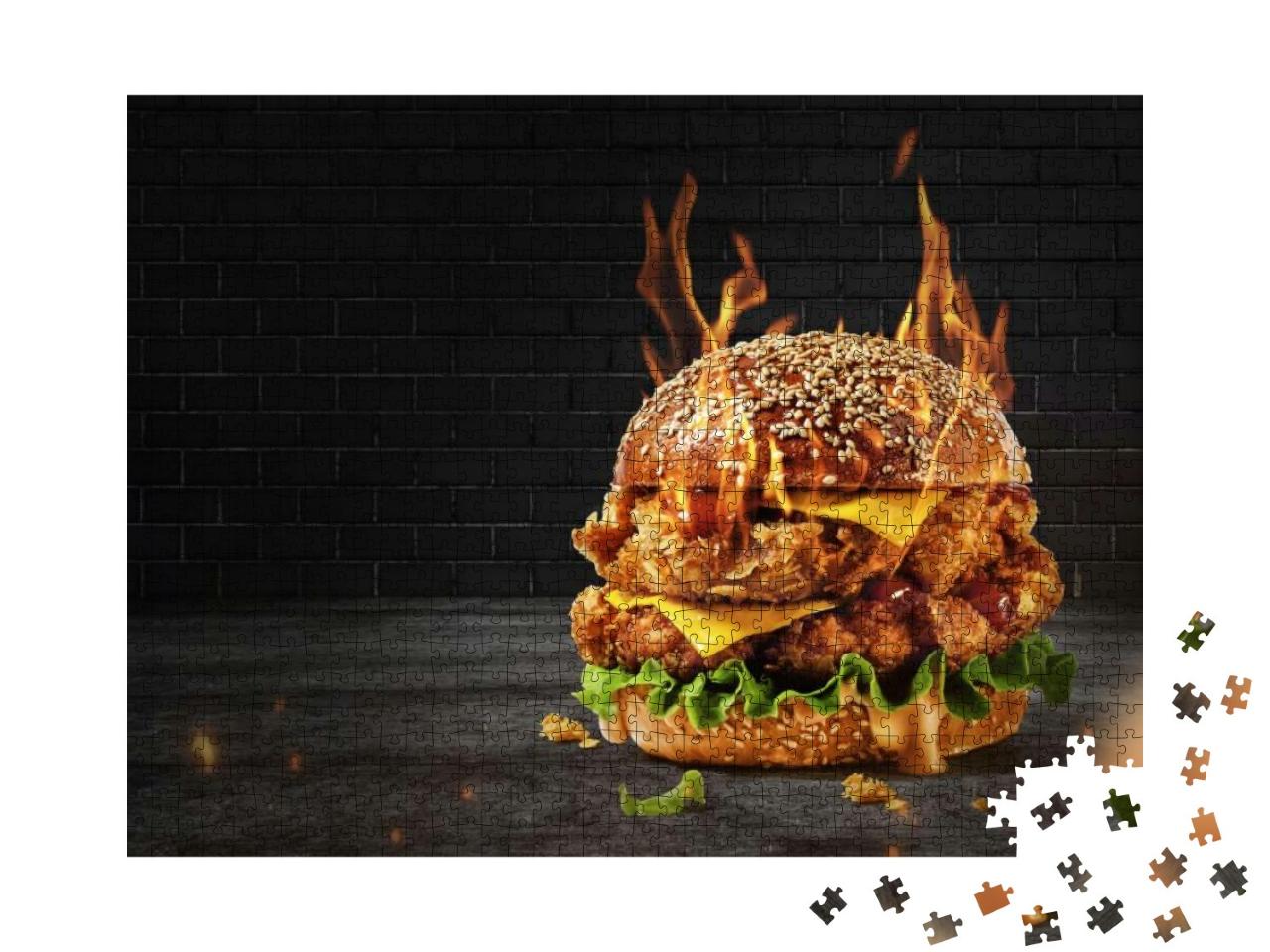 Delicious Spicy Fried Chicken Burger Ads with Burning Fir... Jigsaw Puzzle with 1000 pieces