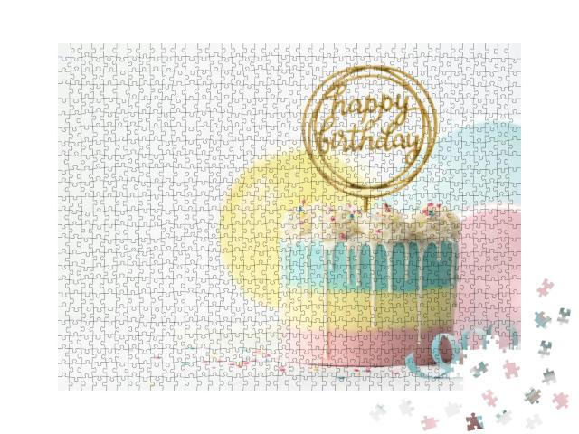 Pastel Birthday Cake with Drip Icing & Balloons... Jigsaw Puzzle with 1000 pieces
