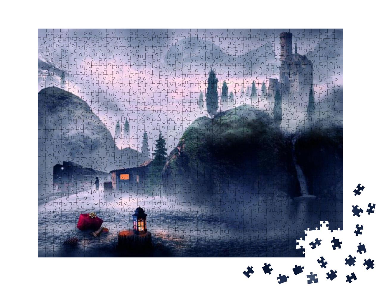 Winter Theme Christmas Lantern & Landscape Fantasy... Jigsaw Puzzle with 1000 pieces