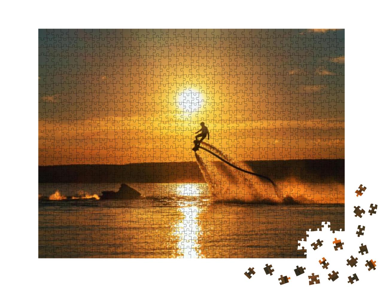 Fly Board. Silhouette of a Fly Board Rider Over a River A... Jigsaw Puzzle with 1000 pieces