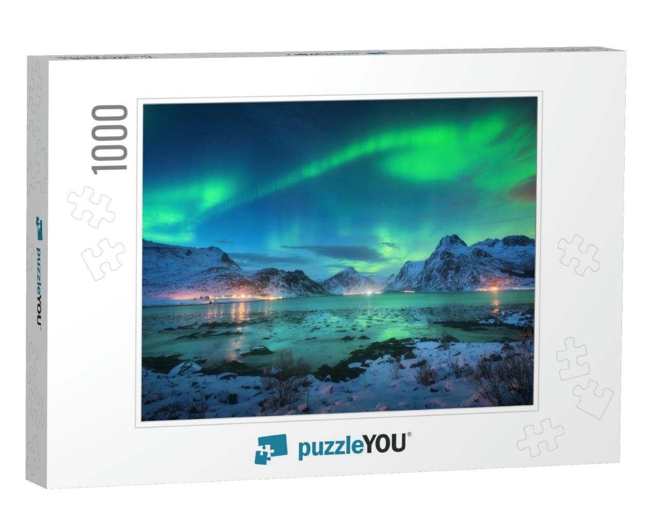 Aurora Borealis Over the Sea Coast, Snowy Mountains & Cit... Jigsaw Puzzle with 1000 pieces