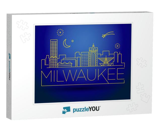 Minimal Milwaukee Linear City Skyline with Typographic De... Jigsaw Puzzle