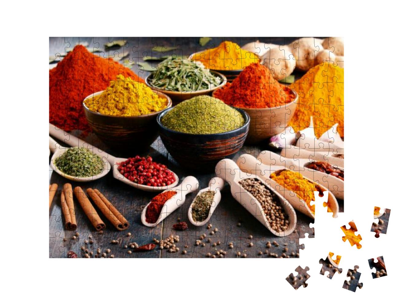 Variety of Spices & Herbs on Kitchen Table... Jigsaw Puzzle with 200 pieces