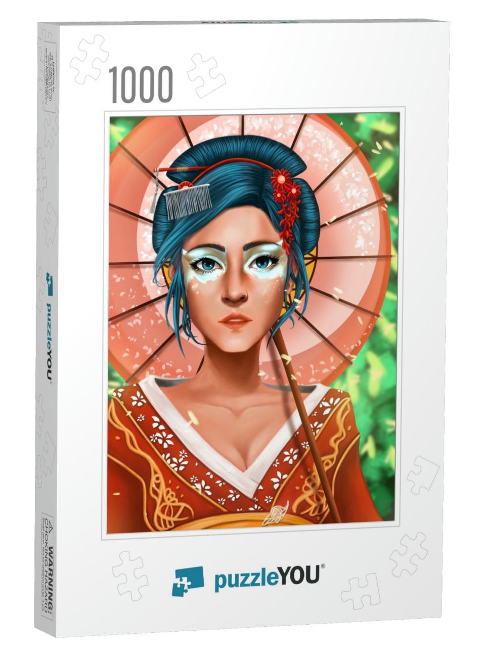 Digital Painting Portrait of Young Geisha Dress Kimono &... Jigsaw Puzzle with 1000 pieces