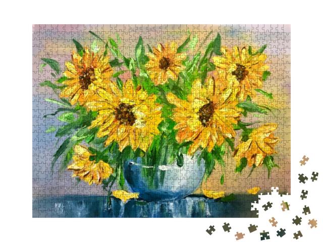 Oil Painting Yellow Flowers. Sunflowers in a Vase. Yellow... Jigsaw Puzzle with 1000 pieces