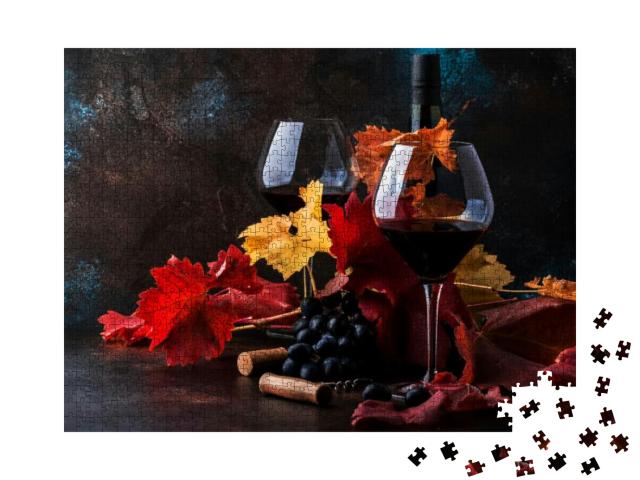 Dry Red Wine in Big Wine Glass, Autumn Still Life with Le... Jigsaw Puzzle with 1000 pieces