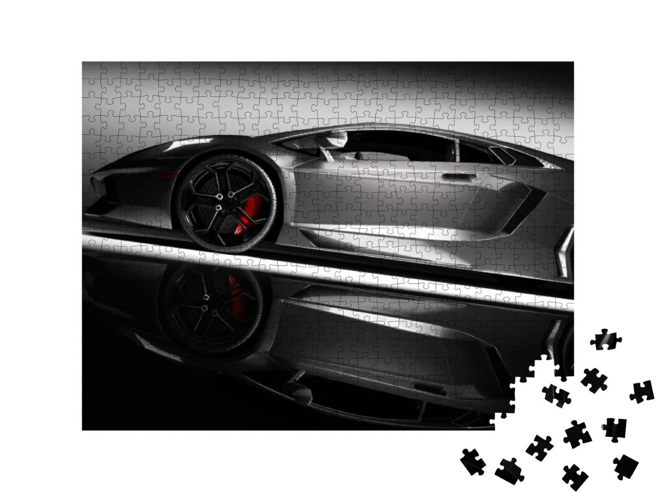 Grey Fast Sports Car in Spotlight, Black Background. Shin... Jigsaw Puzzle with 500 pieces