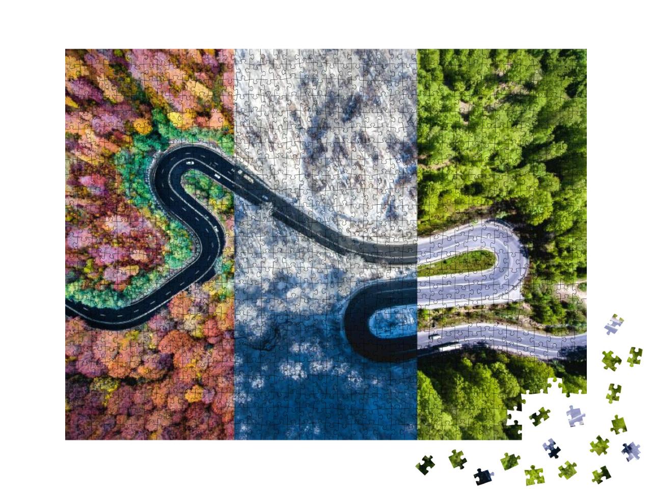 Winding Road in the Forest. Autumn, Summer & Winter Time... Jigsaw Puzzle with 1000 pieces