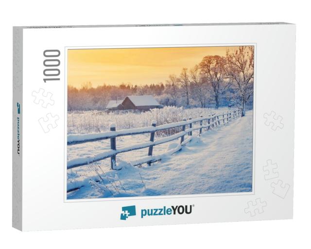 Rural House with a Fence in Winter. Village After Snowfal... Jigsaw Puzzle with 1000 pieces