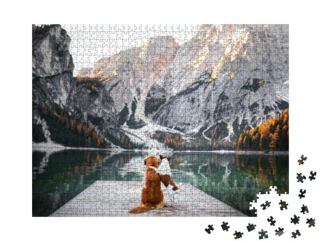 Two Dogs Stand on a Wooden Pier. Mountain Lake Braies. Bo... Jigsaw Puzzle with 1000 pieces