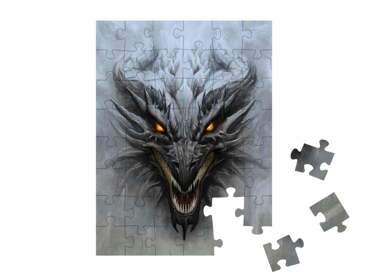 Dragon Head on the Gray Stone Background. Digital Paintin... Jigsaw Puzzle with 48 pieces