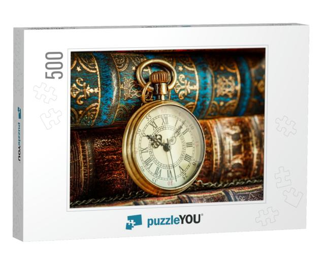 Vintage Antique Pocket Watch on the Background of Old Boo... Jigsaw Puzzle with 500 pieces