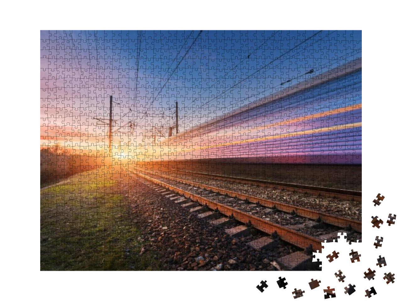 High Speed Passenger Train in Motion on Railroad At Sunse... Jigsaw Puzzle with 1000 pieces