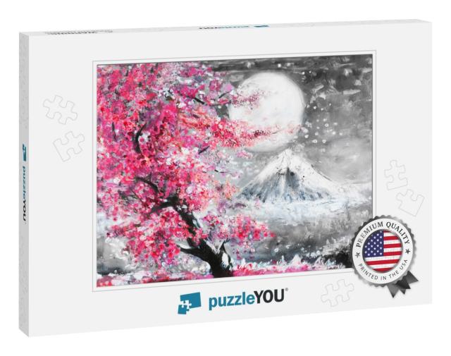 Oil Painting Landscape with Sakura & Mountain, Hand Drawn... Jigsaw Puzzle