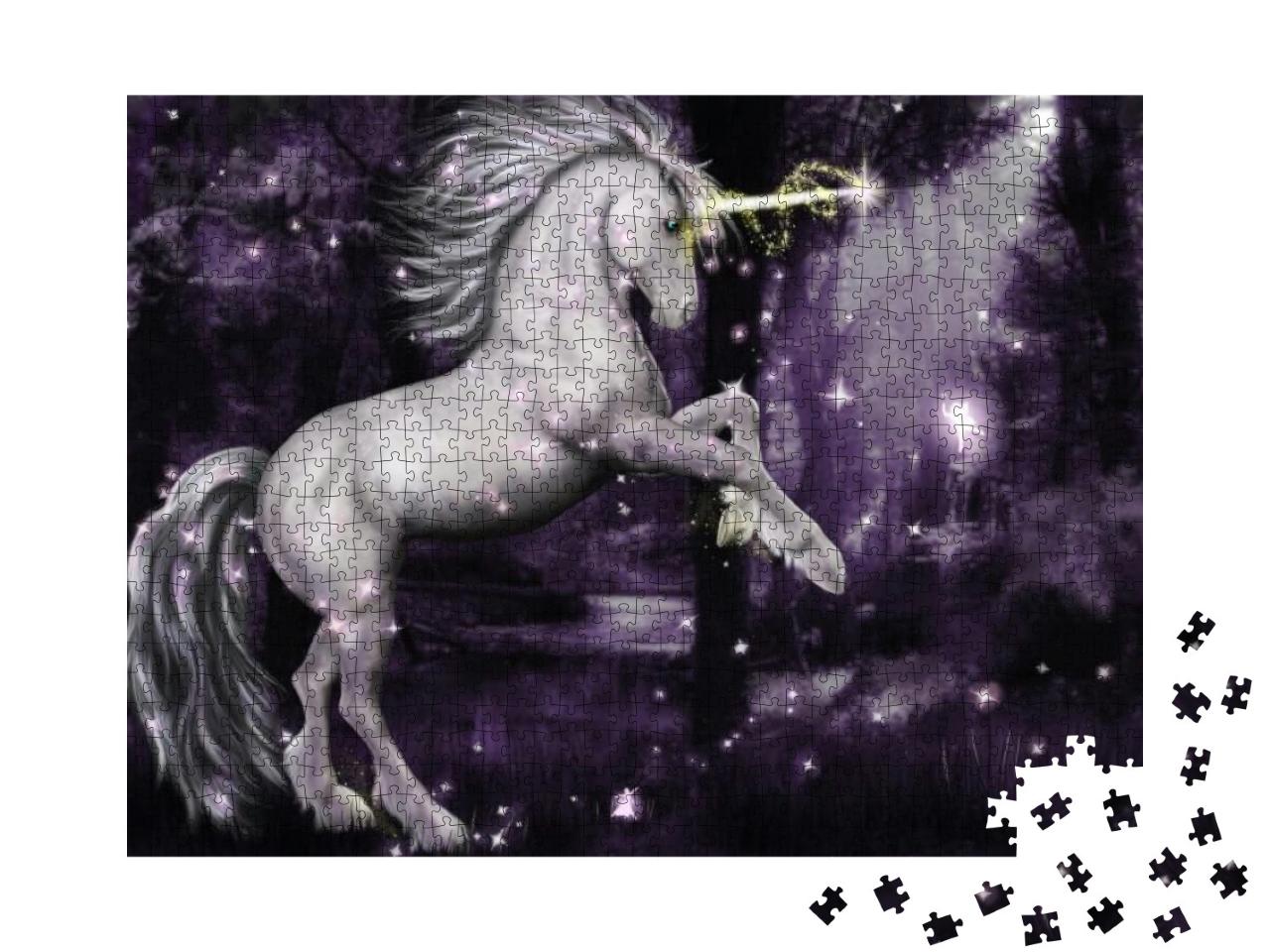 A Unicorn Surrounded by Magic Dancing At Night in the Moo... Jigsaw Puzzle with 1000 pieces