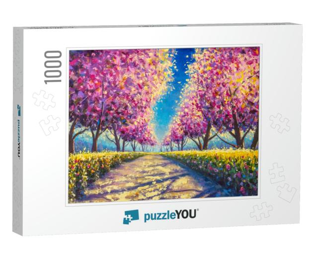 Cherry Sacura Blossom Alley Painting. Sacura Park Oil Pai... Jigsaw Puzzle with 1000 pieces