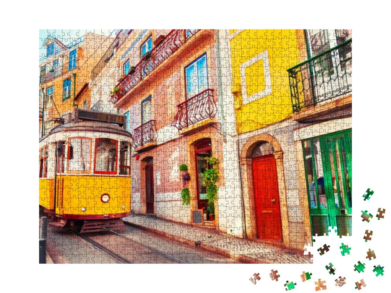 Yellow Vintage Tram on the Street in Lisbon, Portugal. Fa... Jigsaw Puzzle with 1000 pieces