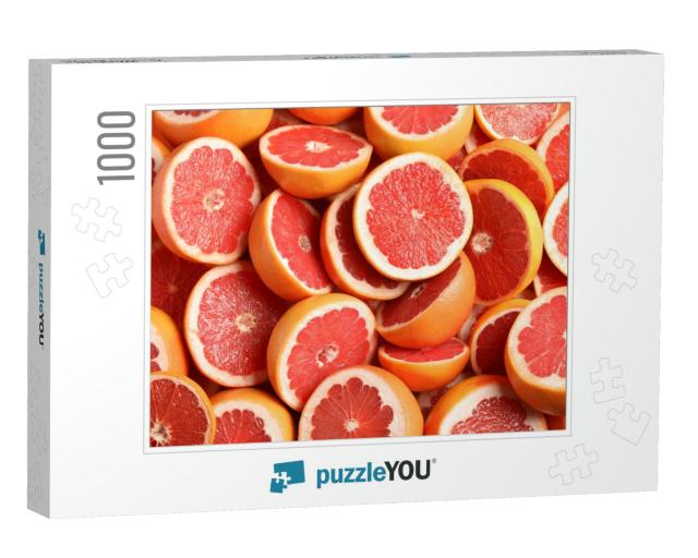 Many Sliced Fresh Grapefruits as Background, Top View... Jigsaw Puzzle with 1000 pieces