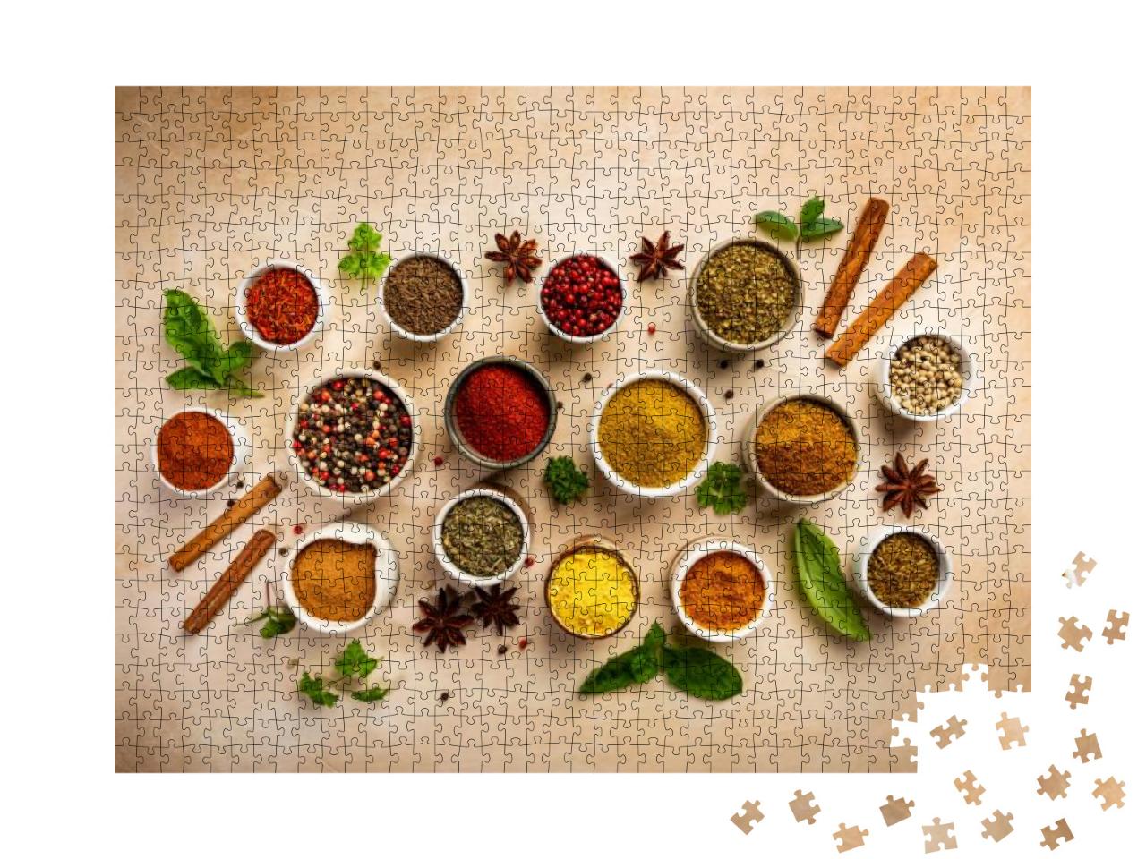 Herbs & Spices in Bowels Over Light Background. Top View... Jigsaw Puzzle with 1000 pieces