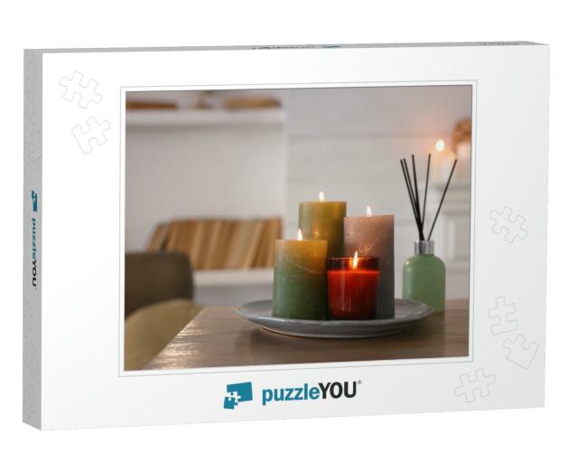 Beautiful Burning Candles & Air Freshener on Wooden Table... Jigsaw Puzzle