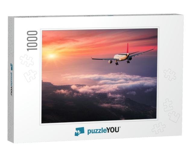 Airplane. Landscape with Big White Passenger Airplane is... Jigsaw Puzzle with 1000 pieces