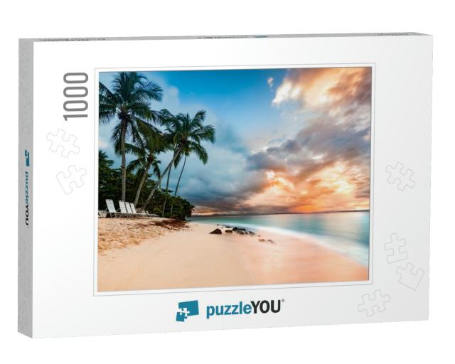 Exotic Long Exposure Seascape with Palm Trees At Sunset... Jigsaw Puzzle with 1000 pieces