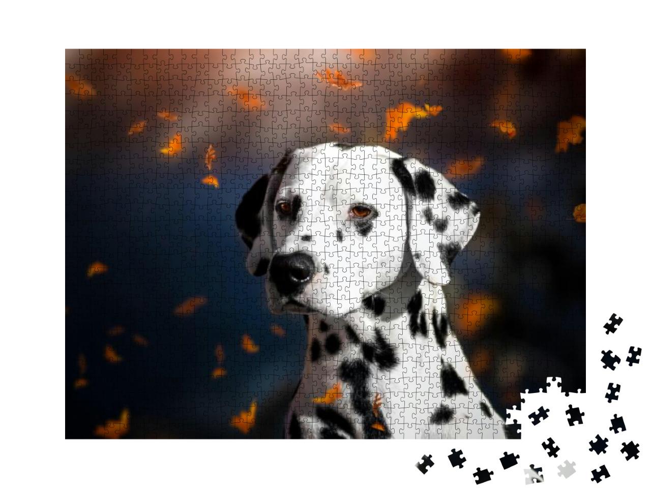 Portrait of a Dalmatian Dog in Autumn Leaf Fall in the Pa... Jigsaw Puzzle with 1000 pieces