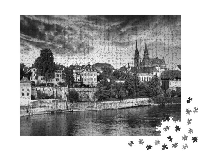 Sunset Over Old Town of Basel & Red Stone Munster Cathedr... Jigsaw Puzzle with 1000 pieces