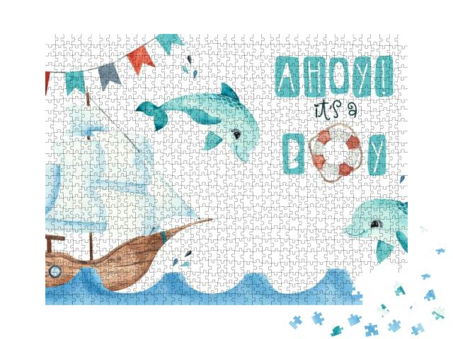Watercolor Nautical Baby Shower Card with Sailboat... Jigsaw Puzzle with 1000 pieces