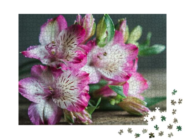 A Beautiful Bouquet of Flowers Pink Roses on Wooden Backg... Jigsaw Puzzle with 1000 pieces