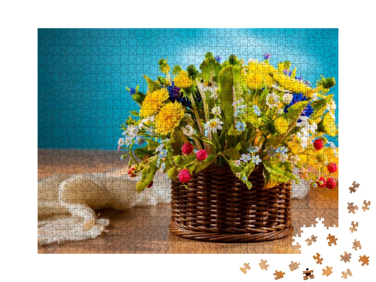 Basket of Wild Flowers on a Blue Background. Bright Flora... Jigsaw Puzzle with 1000 pieces