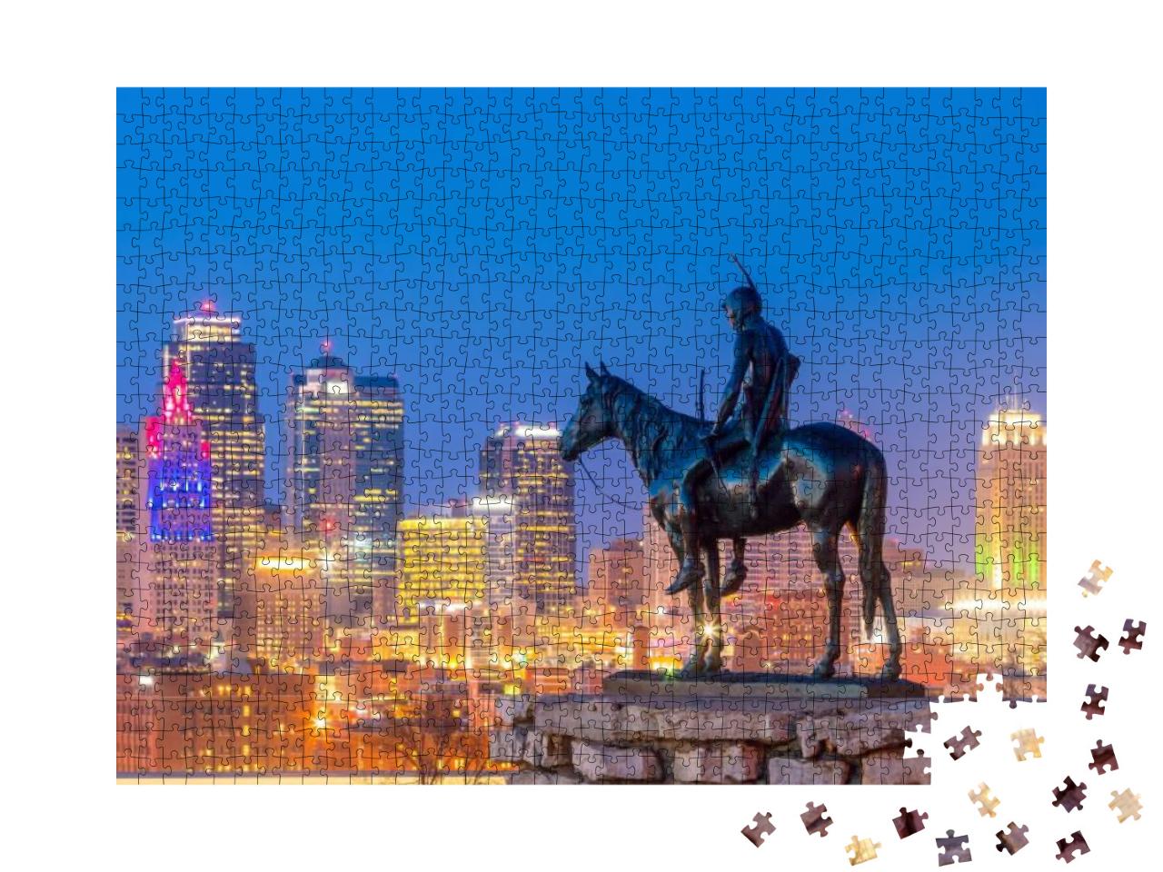 Kansas City Skyline with the Scout Overlooking108 Years O... Jigsaw Puzzle with 1000 pieces