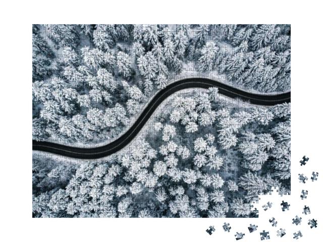 Curvy Windy Road in Snow Covered Forest, Top Down Aerial... Jigsaw Puzzle with 1000 pieces