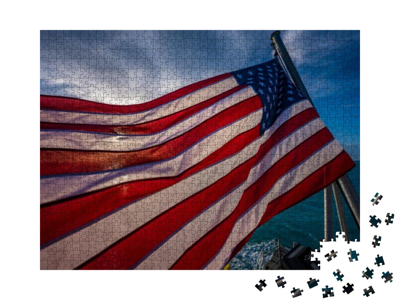American Flag Backlit with Early Morning Sun on Boat in F... Jigsaw Puzzle with 1000 pieces