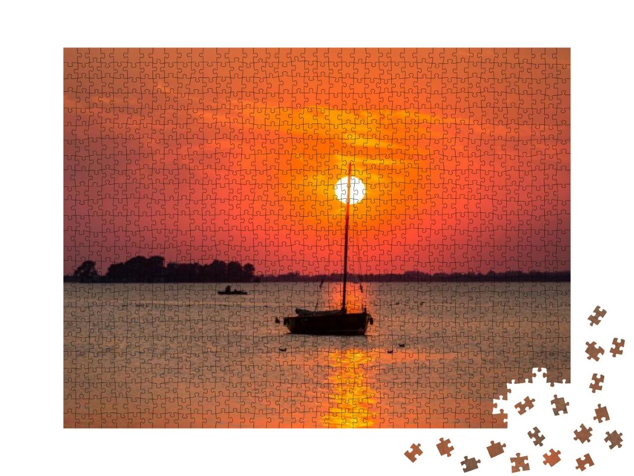 Beautiful Boat on a Lake in the Beautiful Red Light Sunse... Jigsaw Puzzle with 1000 pieces