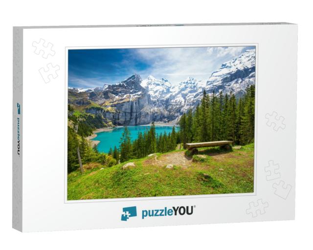 Amazing Turquoise Oeschinnensee with Waterfalls & Swiss A... Jigsaw Puzzle