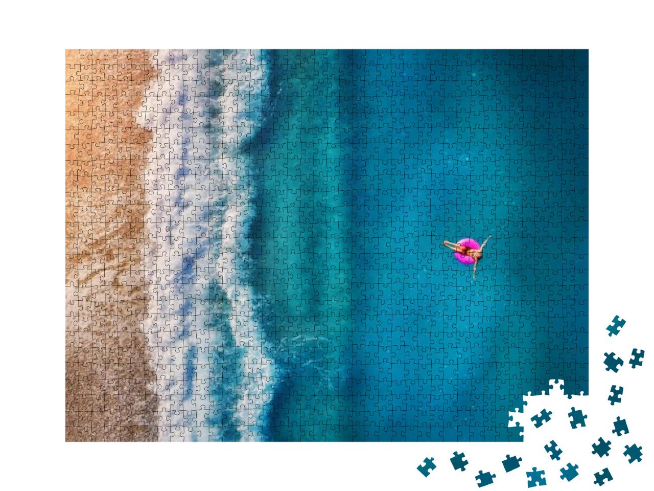 Aerial View of Young Woman Swimming on the Pink Swim Ring... Jigsaw Puzzle with 1000 pieces