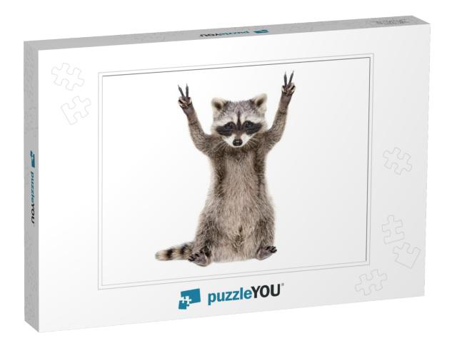 Funny Raccoon, Showing a Sign Peace, Isolated on W... Jigsaw Puzzle