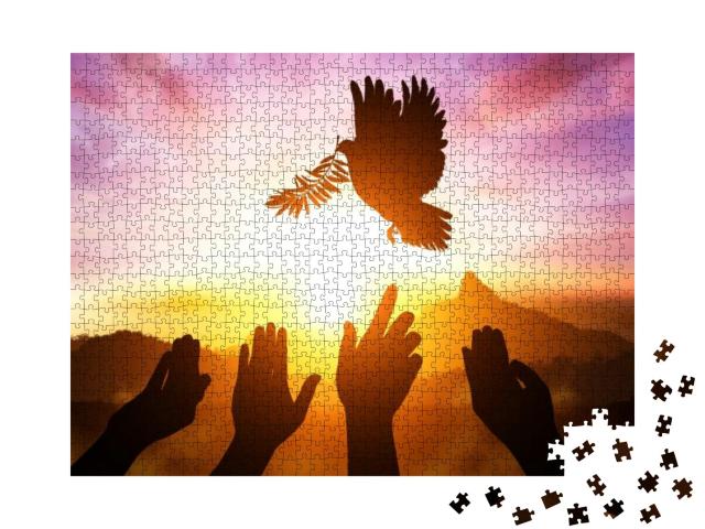Silhouette of Many Hand Desire to Dove Carrying Olive Lea... Jigsaw Puzzle with 1000 pieces
