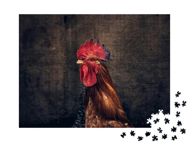 Rooster on the Background of Linen. Rural Concept. Hens &... Jigsaw Puzzle with 1000 pieces