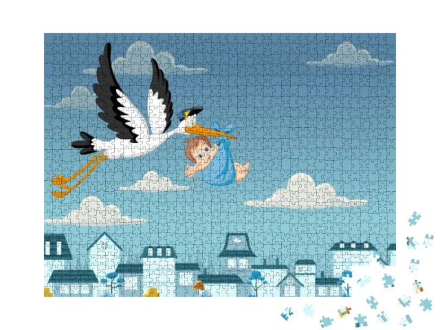 Cartoon Stork Delivering a Newborn Baby Boy... Jigsaw Puzzle with 1000 pieces