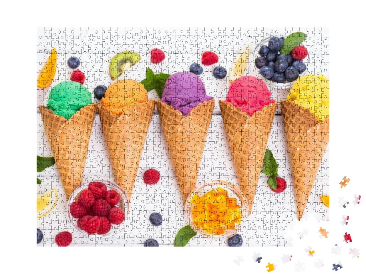 Various Homemade Fruit Ice Cream in the Cone... Jigsaw Puzzle with 1000 pieces