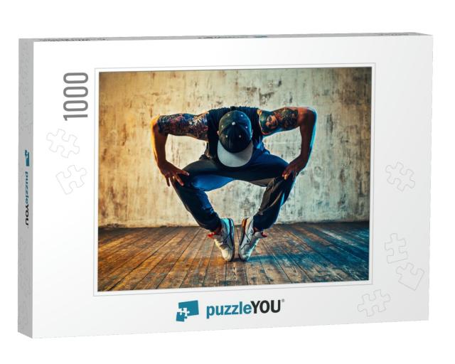 Young Man Break Dancing on Wall Background. Blue & Yellow... Jigsaw Puzzle with 1000 pieces