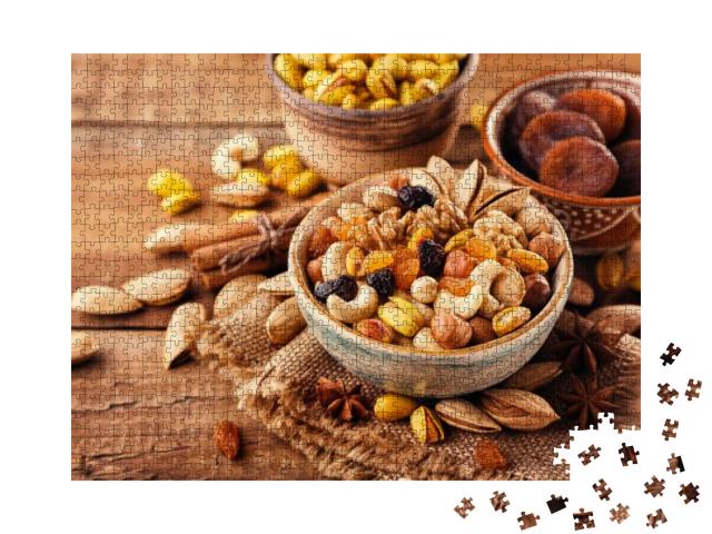 Mix of Nuts & Dried Fruits on a Old Rustic Table. Gold Pi... Jigsaw Puzzle with 1000 pieces
