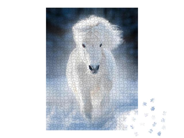 White Fluffy Shetland Pony Runs Free in Winter Meadow... Jigsaw Puzzle with 1000 pieces